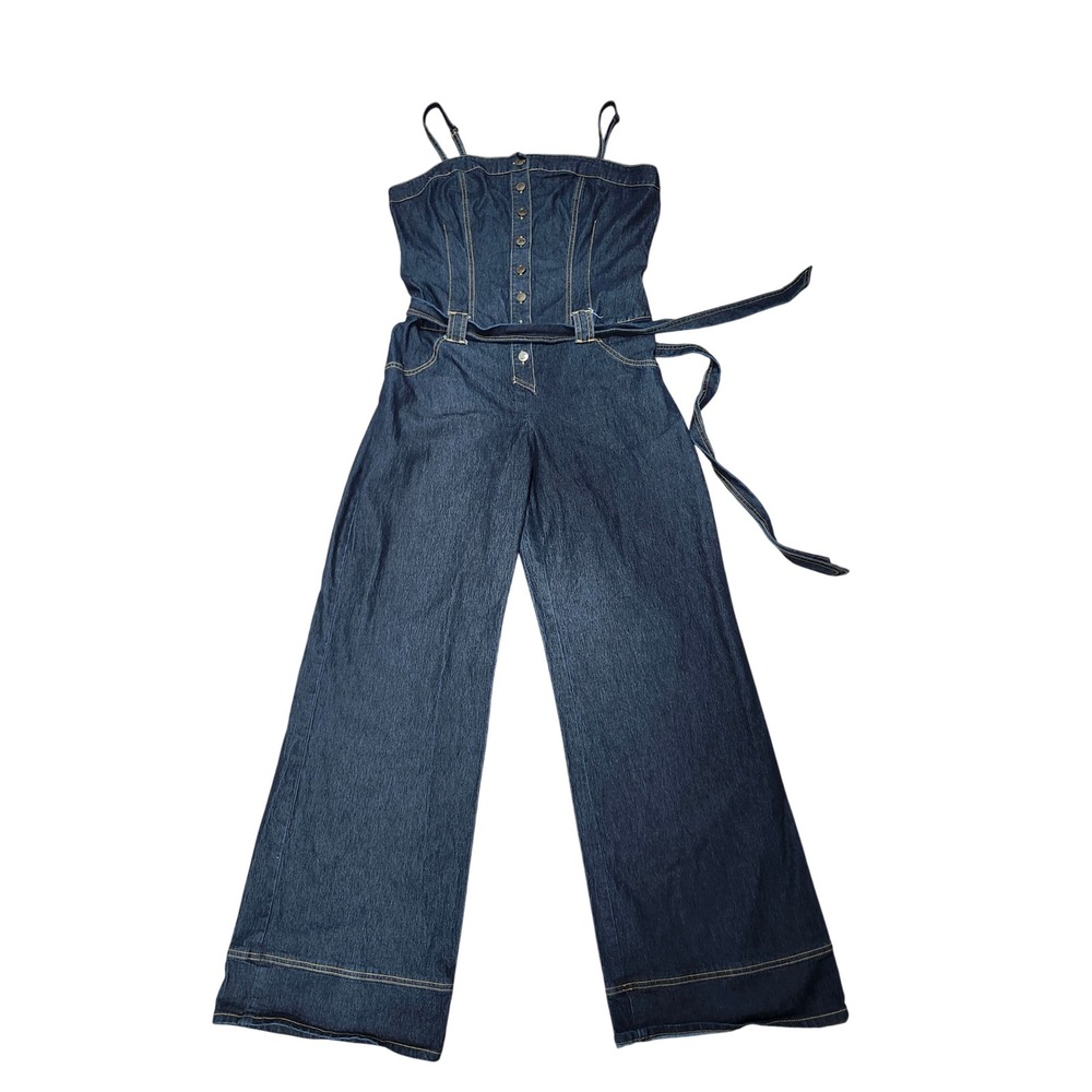 Bisou Bustier Dark Denim Wide Leg Jumpsuit Romper extra large Belt Stretch Y2K